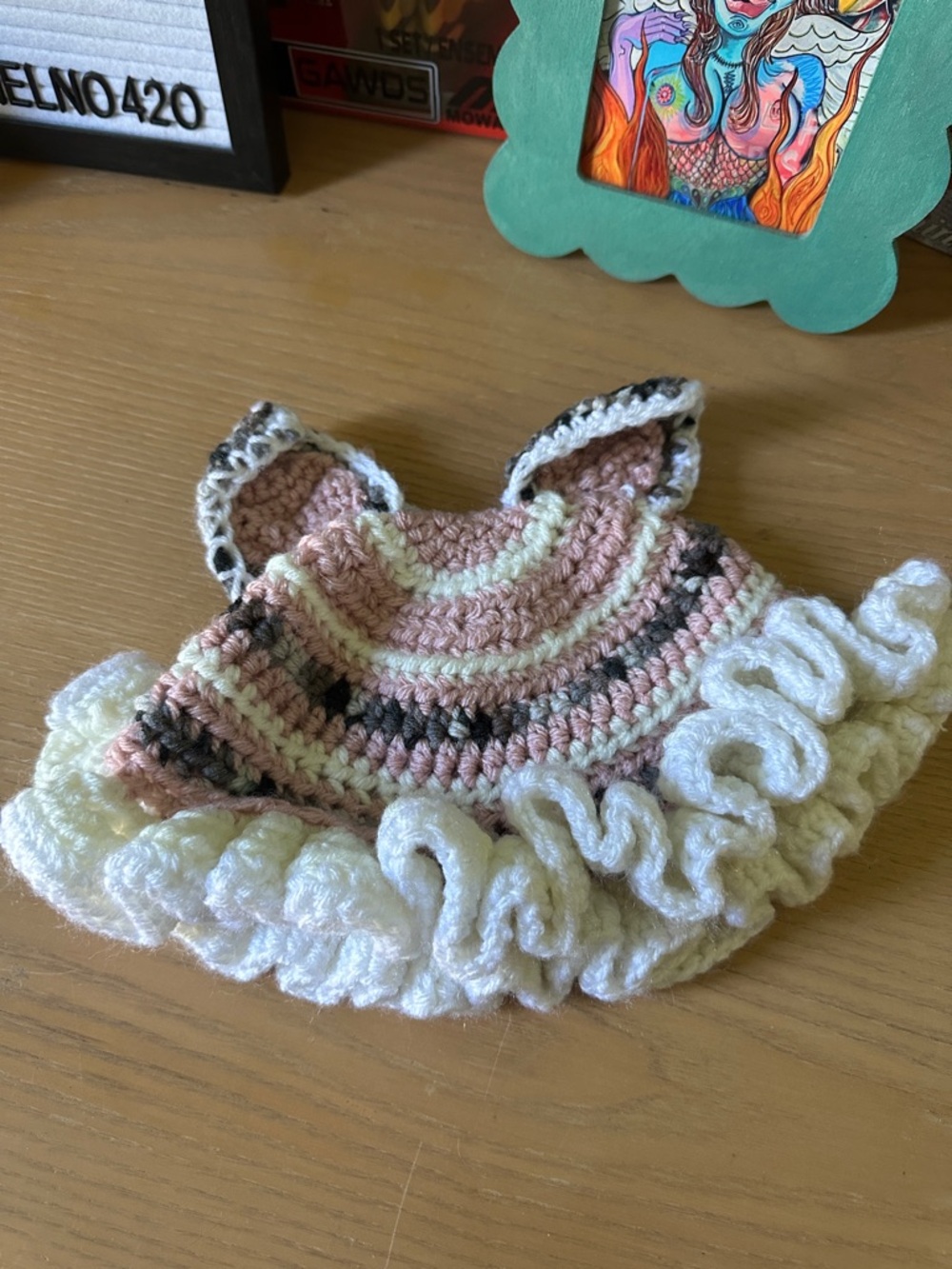 Soft Crochet Ruffle Kids Hat in Pink, Cream & Gray